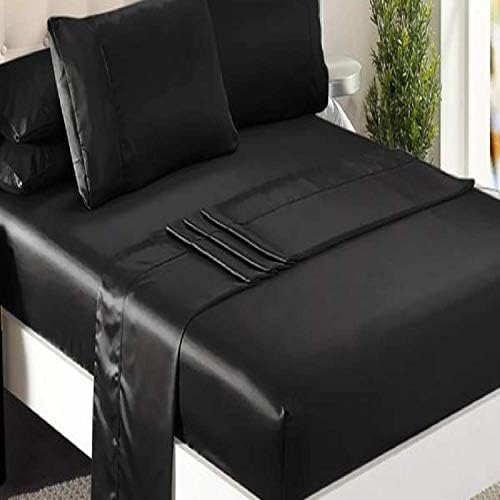 Bed Sheet Set Silky Smooth Bridal Satin Deep Pocket Fitted, set of 4, Black