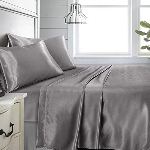 Bed Sheet Set Silky Smooth Bridal Satin Deep Pocket Fitted, set of 4, Gray