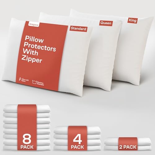 Pillow Protectors with Zipper, Premium Cotton Sateen Blend, Queen, set of 2, White